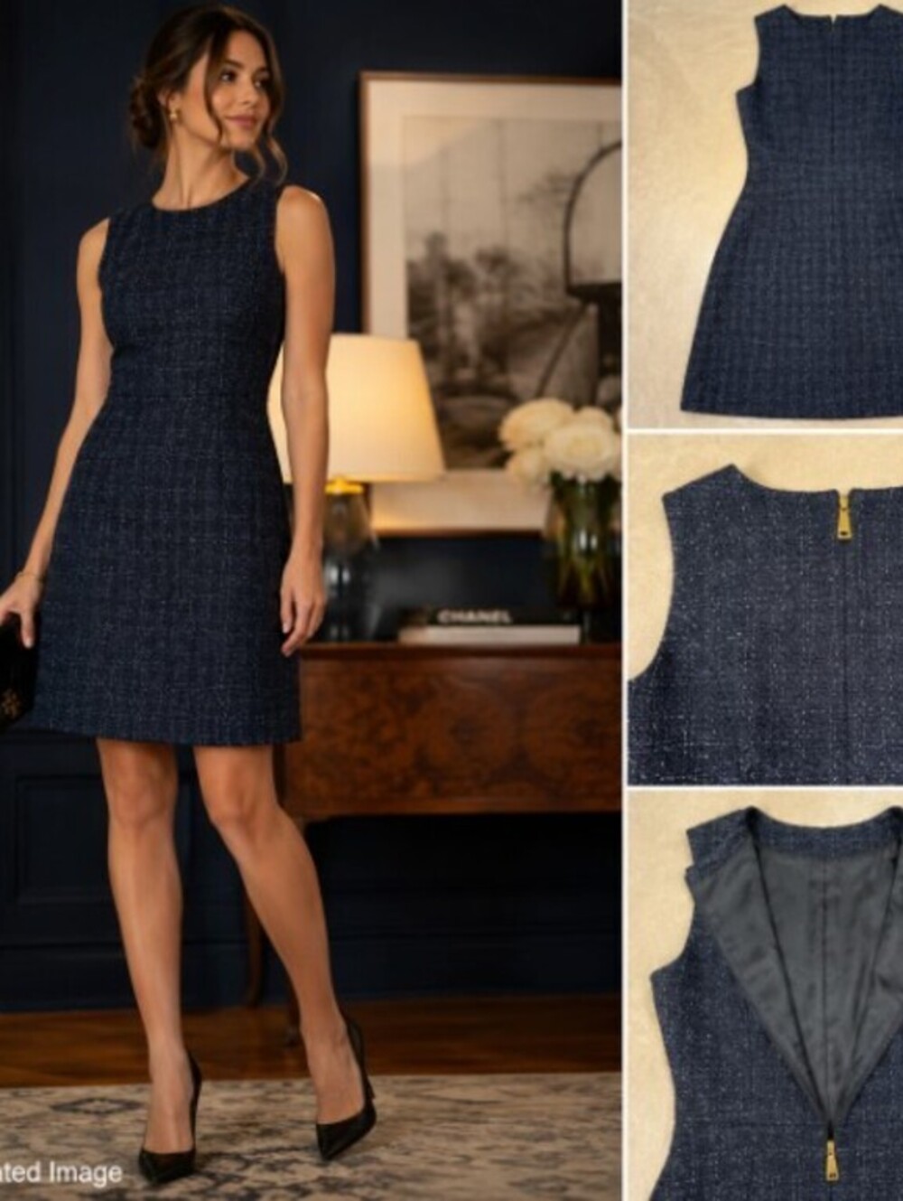 Tory Burch Aria Tweed Dress Navy Metallic Sleeveless A-Line Sheath Size 6